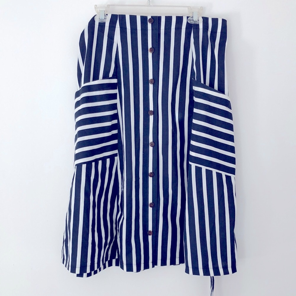XL Linen Rayon Striped Skirt Big Pockets Navy White Tie Belt Sailor